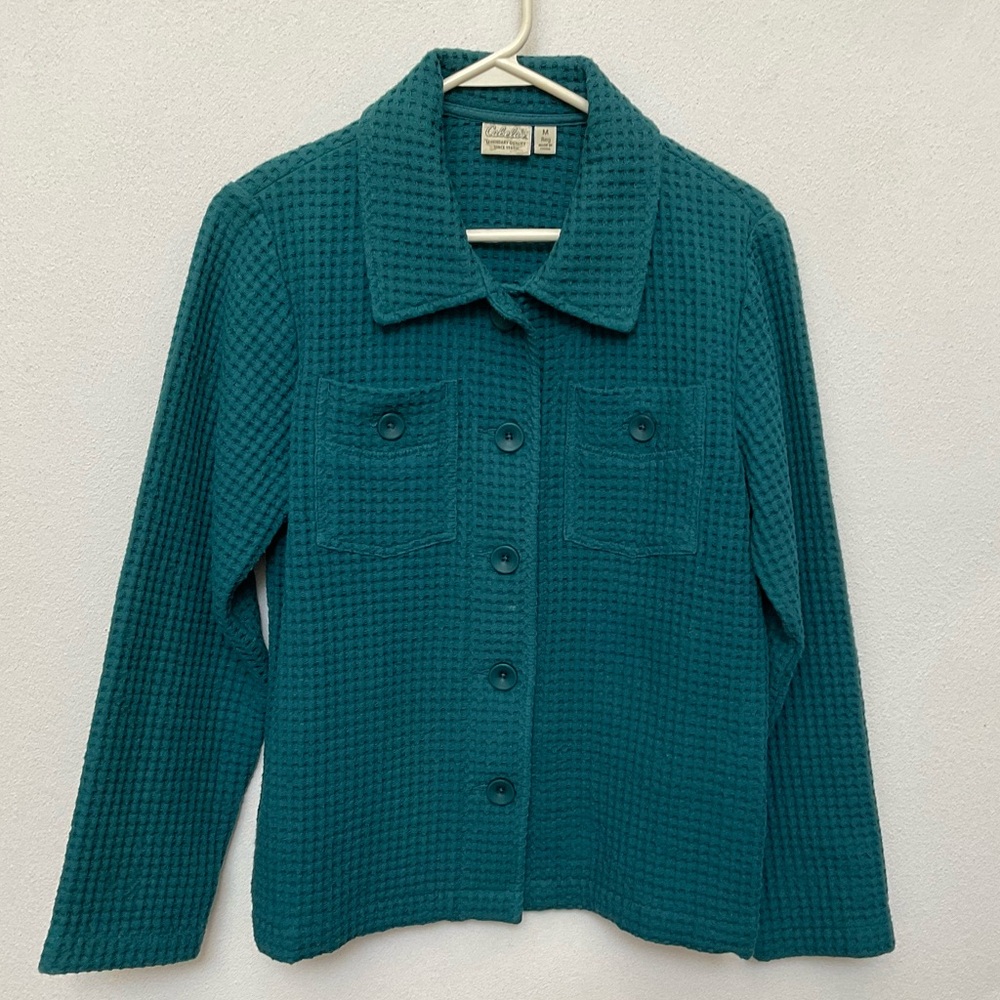 Cabela's Teal 100% Cotton Waffle Knit Button Up Shacket Size Med Warm Layer
